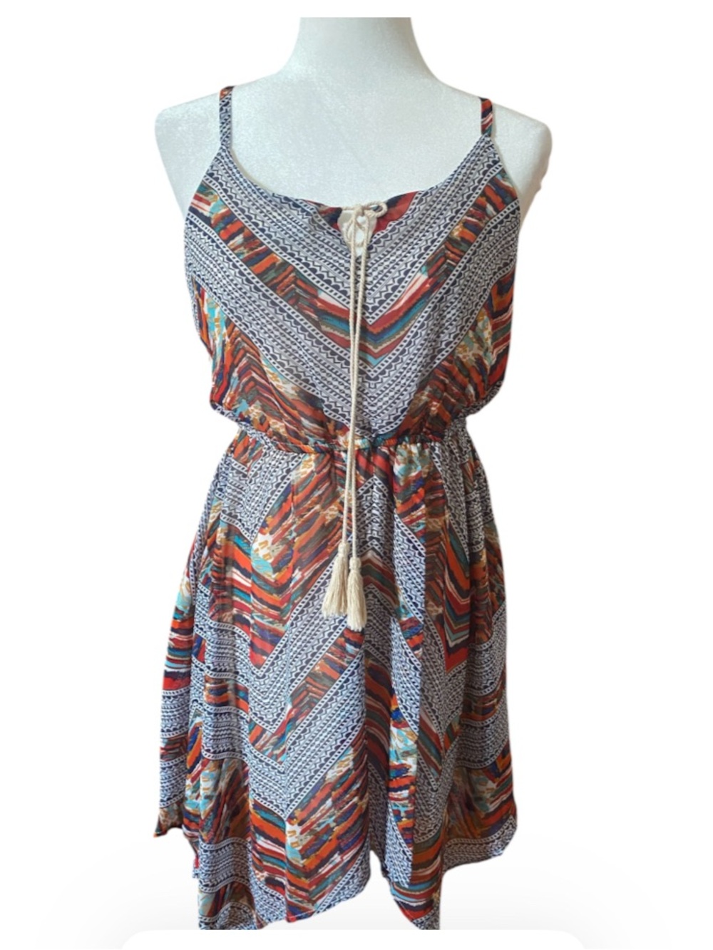 Red Camel Boho Geometric Print Handkerchief Hem Dress